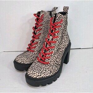 Gianni Bini Ryedderr Cheetah Print Combat Boots Women 7 Tan Red Heeled Lug Sole